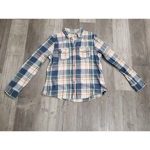 Hollister California Flannel Blue Plaid Button Up Long Sleeved Shirt - Picture 2 of 6
